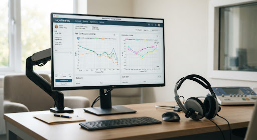 High tech audiology computer monitor displaying real-ear measurement sound wave graphs and clinical hearing calibration curves alongside modern medical headphones.