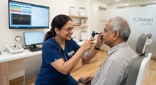 Senior Indian audiologist woman carefully examining the ear of a senior male patient using an otoscope inside a state-of-the-art bright diagnostic clinic with modern digital monitors in background.