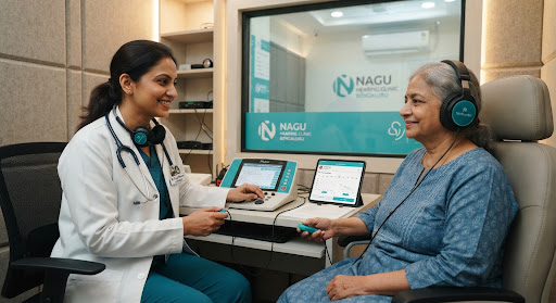 Experienced Indian female clinical audiologist wearing a pristine white doctor coat with stethoscope, conducting a precise hearing evaluation with a calm senior patient inside a modern, softly lit soundproof audiology testing booth in Bengaluru clinic. Aesthetic teal branding accents, calibrated circumaural audiometric headphones, warm and reassuring atmosphere.