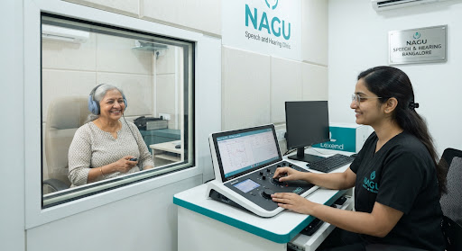 Modern audiology sound-treated chamber at Nagu Speech and Hearing clinic in Bangalore. An Indian clinician carefully adjusts testing audiometer controls while smiling gently through the observation window at a cheerful senior patient wearing soft blue earphones. Clean medical environment with Lexend teal visual motifs.