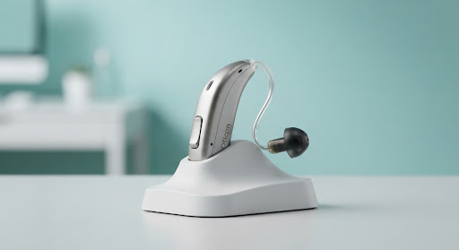 Close up photograph of a modern miniature Oticon hearing aid with sleek silver finish resting cleanly on a minimalist clinical medical display stand in high resolution light studio lighting with soft teal background.