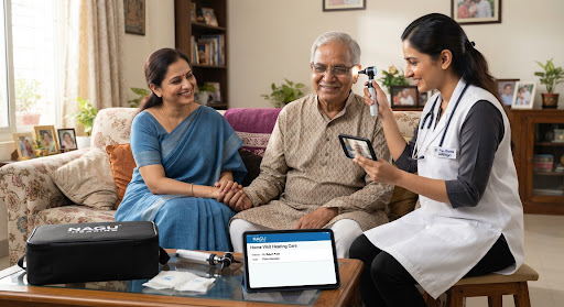 A caring Indian female audiologist wearing a clean clinical apron and stethoscope gently conducting an ear examination with a handheld video otoscope for an elderly Indian grandfather sitting comfortably on a soft sofa in a well-lit living room in Bengaluru. Warm ambient lighting, family member looking on with reassurance, clean clinical equipment bag on the coffee table.