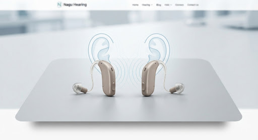 Oticon CROS transmitter and receiver hearing aids pair displayed symmetrically on clean healthcare demonstration surface with dual-ear acoustic representation.