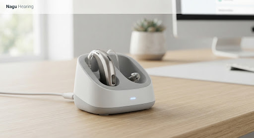 Rechargeable Oticon Zircon hearing aid in sleek metallic casing sitting inside its magnetic quick-charging desktop dock with soft blue LED power light indicator.
