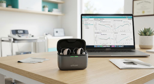 High-end Oticon digital discreet hearing aids neatly organized inside a sleek magnetic charging case on a clinic consultation desk. In the background, a laptop displaying advanced audiological fitting software and sound curve diagnostics with high-key clinic illumination and subtle teal accents.