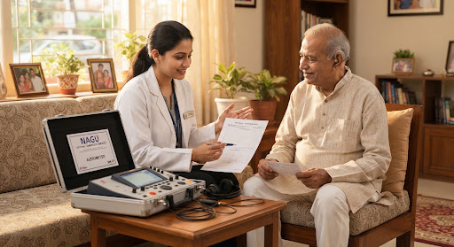 A caring female clinical audiologist wearing a clean lab coat visiting an elderly Indian gentleman sitting comfortably in his living room in Bangalore. She gently explains his audiometry evaluation using a calibrated portable diagnostic audiometer case with warm sunlight illuminating the supportive clinical interaction.