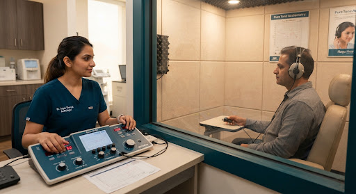 A professional Indian female audiologist in a certified clinical soundproof testing booth conducting Pure Tone Audiometry on an adult patient wearing calibrated clinical supra-aural headphones. Diagnostic equipment with digital frequency audiometers, illuminated gauges, and warm medical office lighting with deep teal accents creating a trustworthy clinical environment.