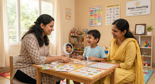 A warm, bright clinical speech therapy room in Bangalore where a licensed speech pathologist works compassionately with a young child and smiling parent using colorful pedagogical flashcards, phonetic charts, and speech mirrors in an encouraging therapeutic setting.