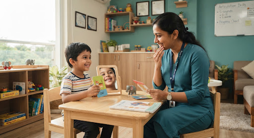 A caring certified Indian female speech-language pathologist in a modern, welcoming clinic in Bangalore gently conducting speech articulation therapy with a smiling young child using colorful developmental cards and mirror feedback, soft natural clinic lighting with soothing teal and warm wood accents